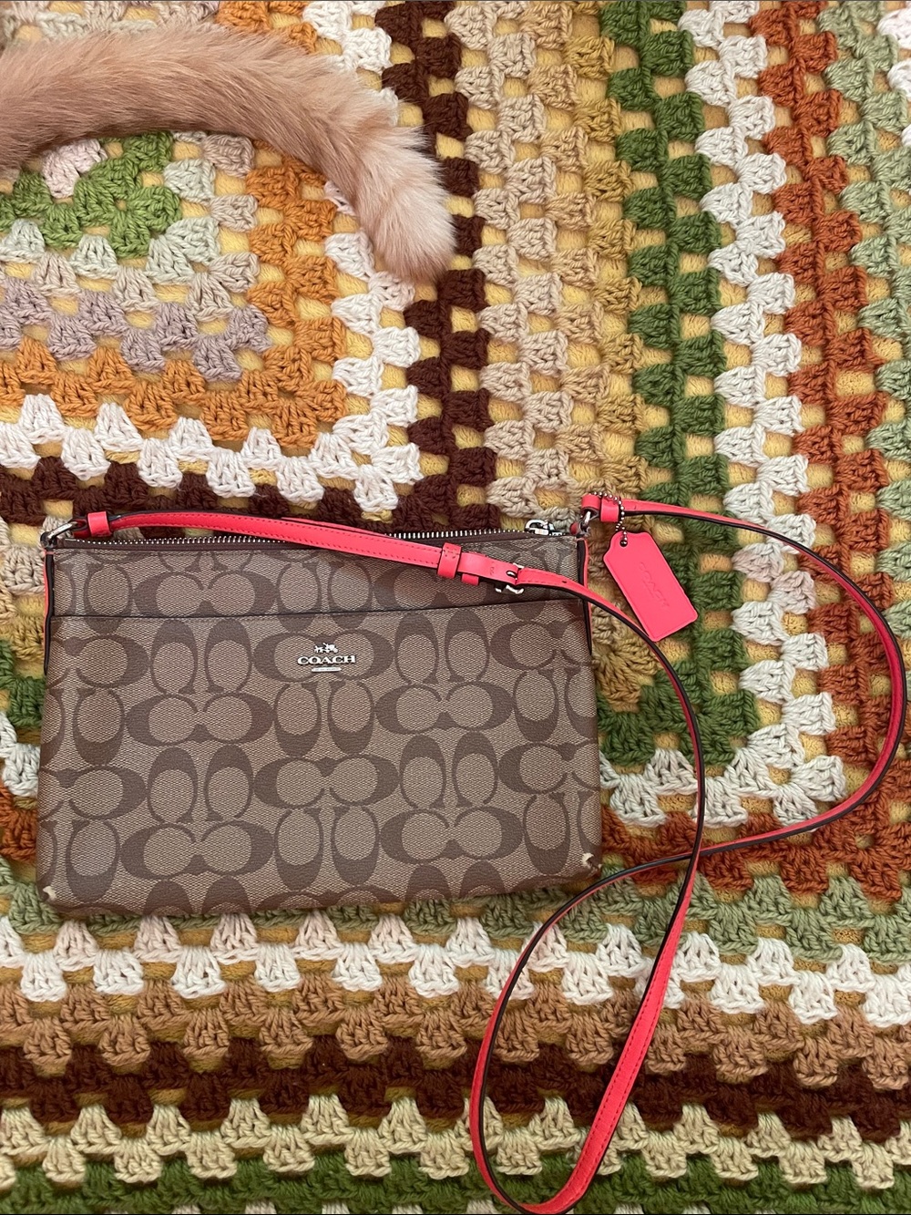Coach Brown Signature Crossbody with Pink Trim